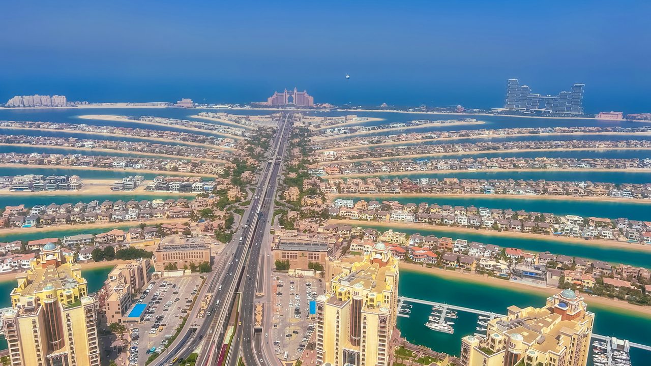 Aerial view along the trunk and fronds of Palm Jumeirah
