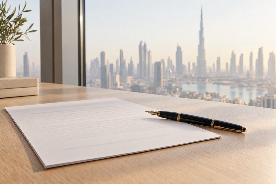 A contract and a fountain pen on an oak desk by a window over the city
