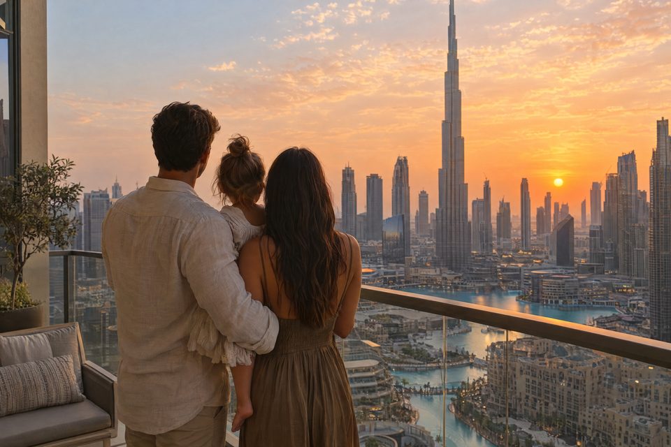 A family on their balcony looking out over the city at sunset