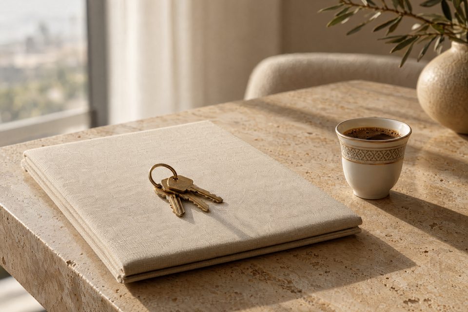House keys resting on a folder beside a cup of Arabic coffee