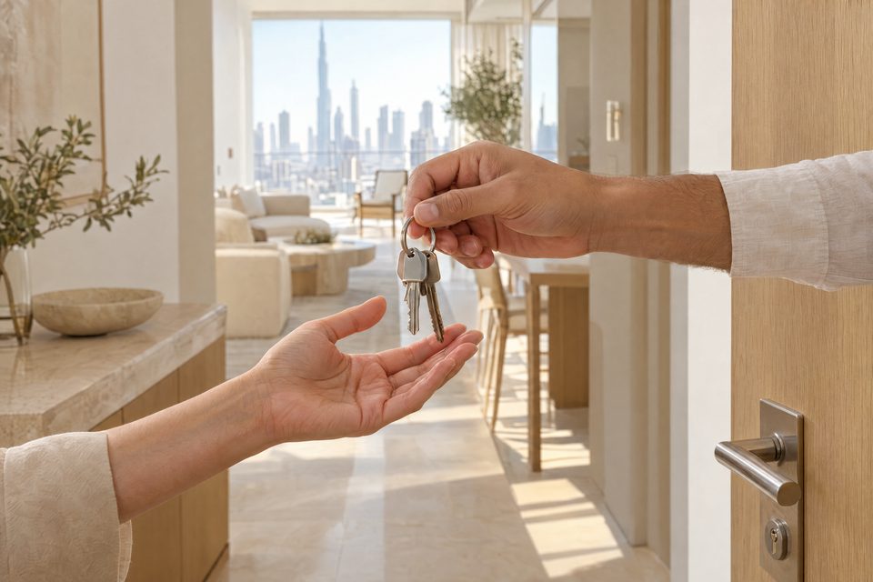Keys handed over at the open door of a bright apartment