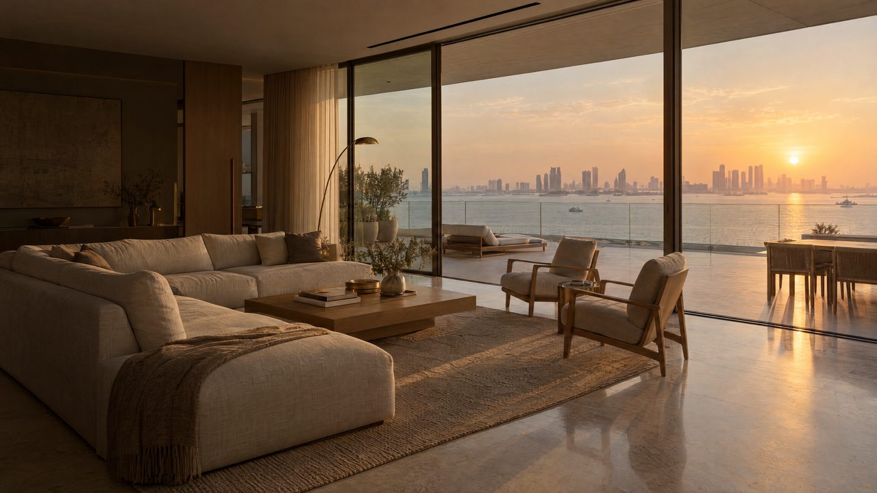 A penthouse living room opening onto a terrace over the sea at sunset