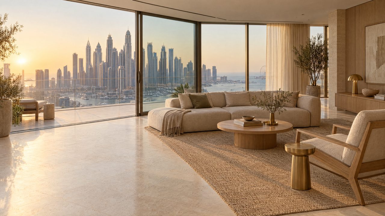 A living room in pale stone and oak opening onto a terrace, with the Marina skyline at golden hour