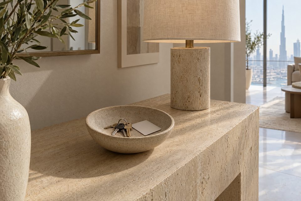 Apartment keys in a stone bowl on a travertine console