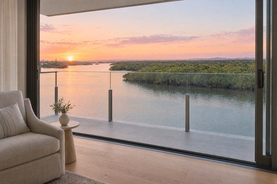 Show apartment balcony looking across the creek and wetland at sunrise