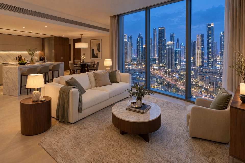 Apartment living room overlooking the city lights at dusk