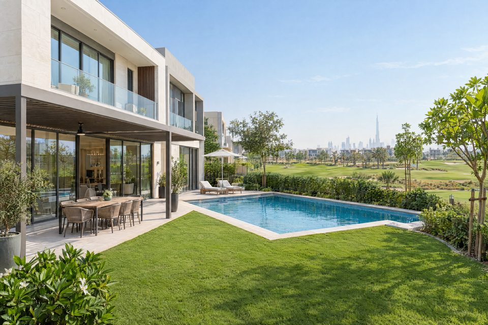 Family villa with a lawn and pool beside the golf course