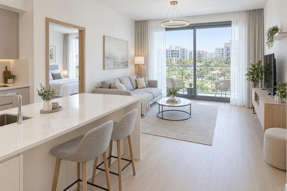 Bright one-bedroom apartment with an open kitchen and a park view