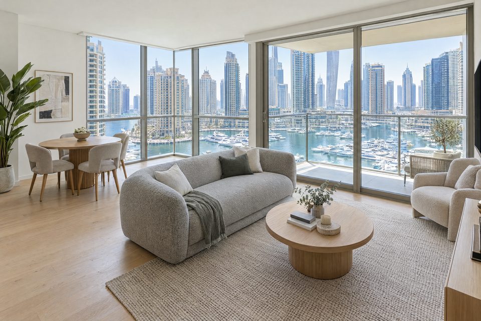 Living room with a balcony over the yachts of Dubai Marina