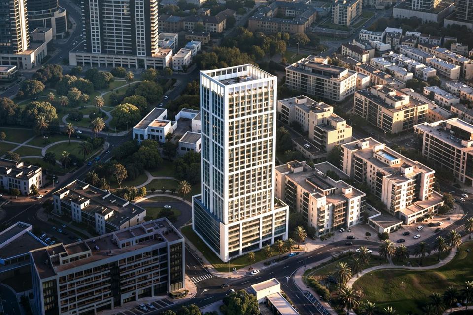 Aerial view of the white Etherea tower among the low-rise villas of JVC
