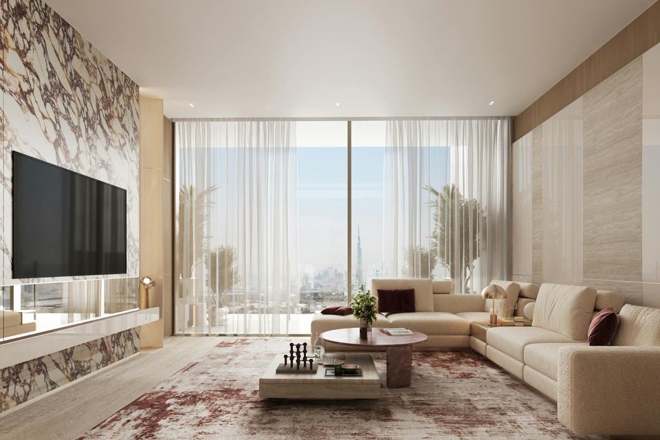 Living room with a marble feature wall, sectional sofa and full-height windows