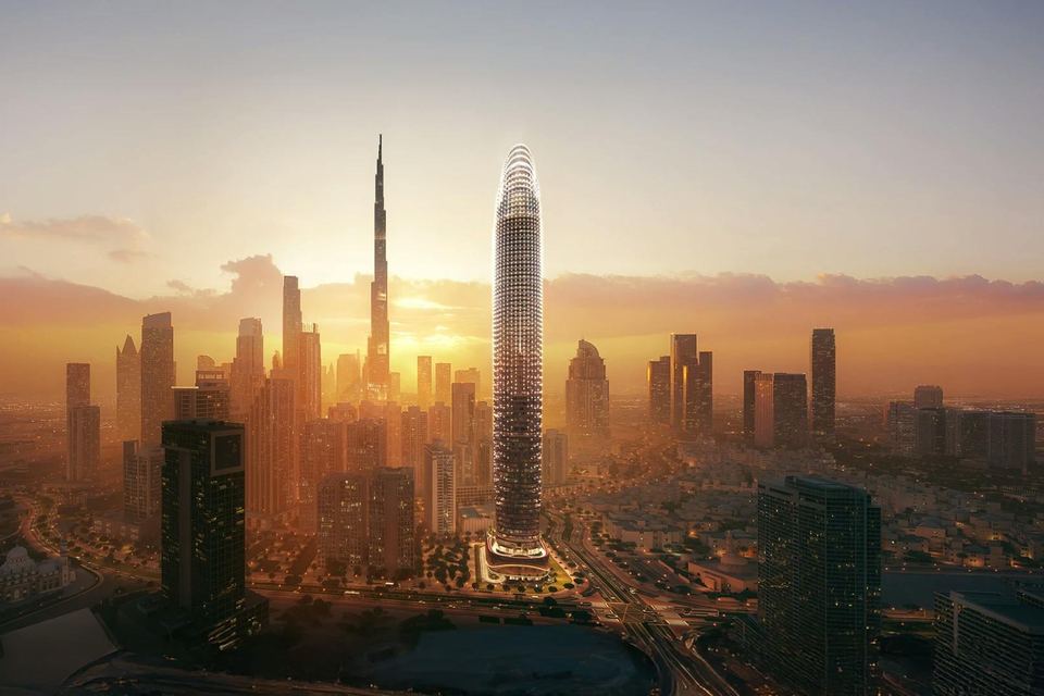 Aerial view of Skyblade beside the Burj Khalifa at sunset