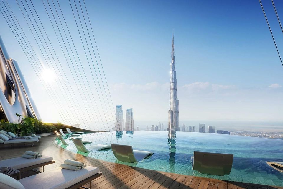 Infinity pool deck with the Burj Khalifa in the background