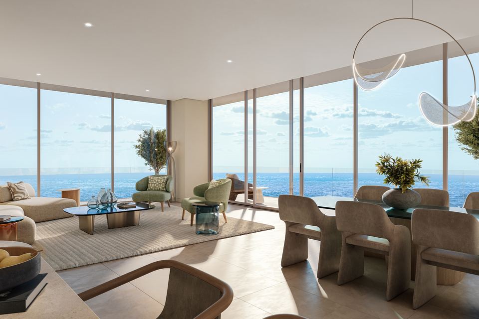 Render of an apartment living and dining room with floor-to-ceiling sea views