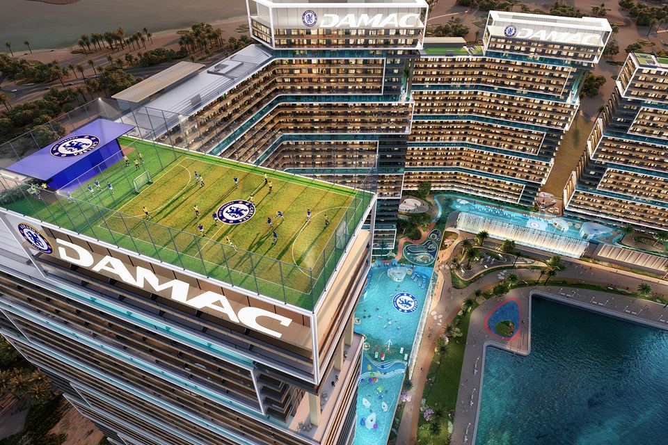 Aerial render of the rooftop football pitch above the podium pools