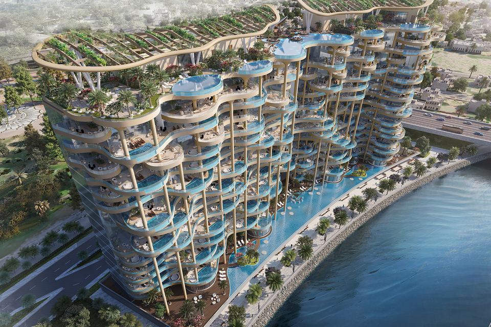 Aerial render of the terraced tower beside the canal