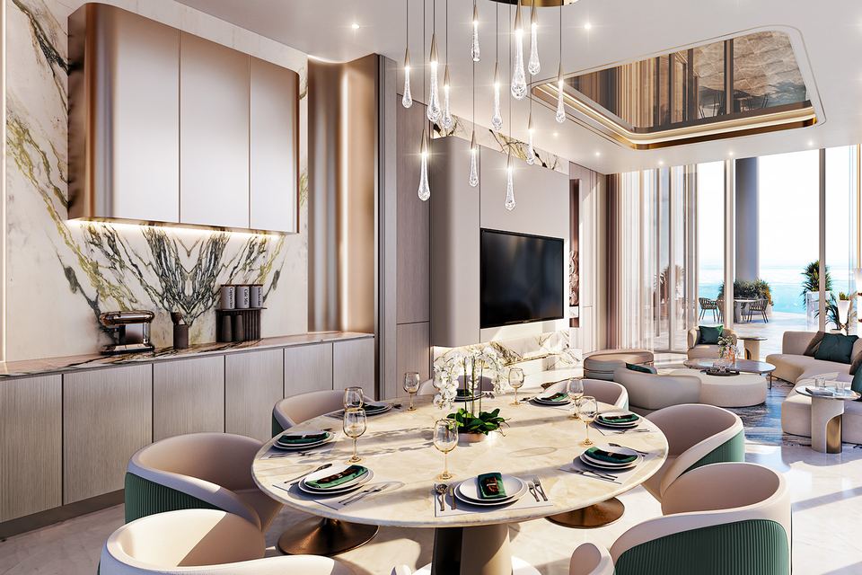 Render of a dining and living area with marble and green accents