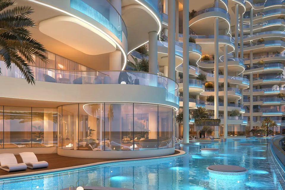 Render of the swimmable lagoon pool at the base of the terraced tower