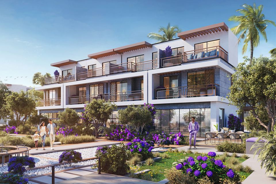 Render of a row of three-storey townhouses with front gardens