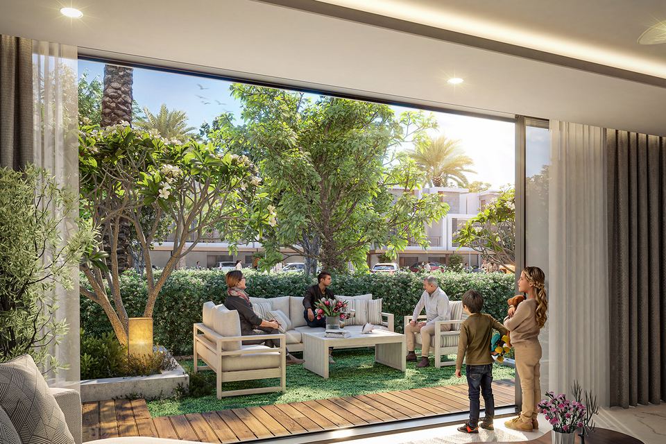 Render of a living room opening onto a private garden terrace
