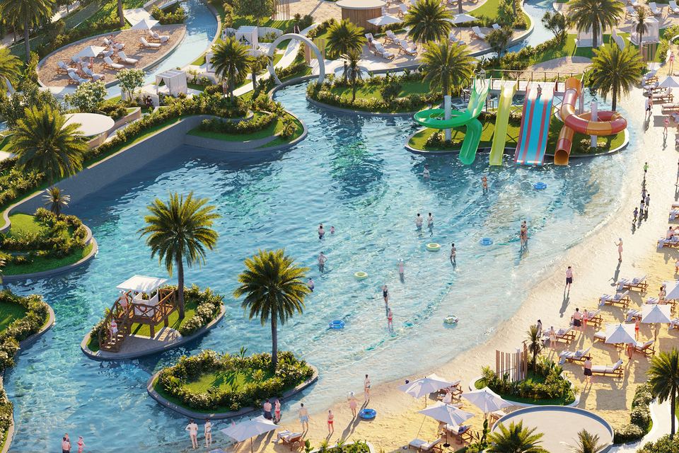 Aerial render of the Malibu Beach lagoon pool with water slides