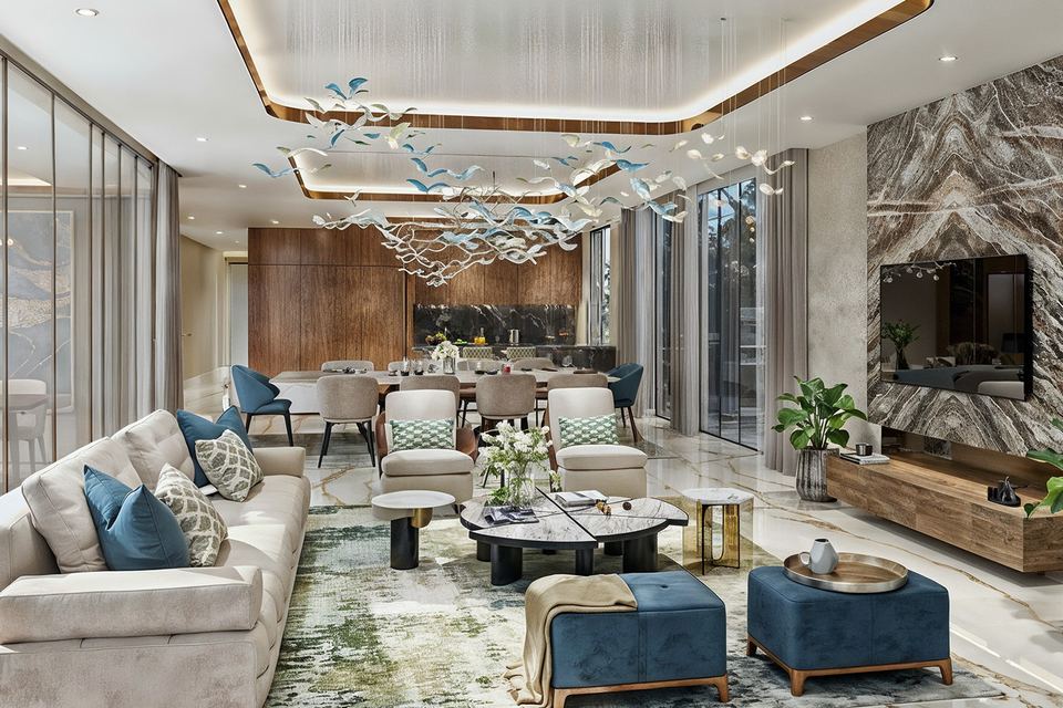 Render of a 4-bedroom home's living and dining room