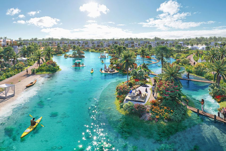 Render of the lake and eco park with kayakers and a small island