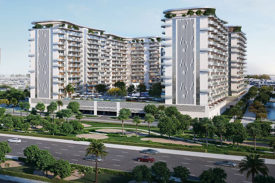 Daytime render of the white apartment buildings from the main road