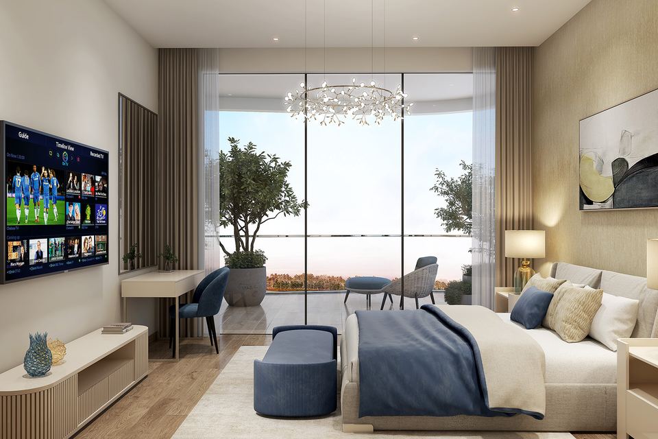 Render of an apartment bedroom with a full-height window
