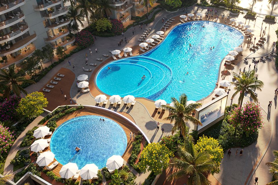 Aerial render of the podium pools and pool bar between buildings