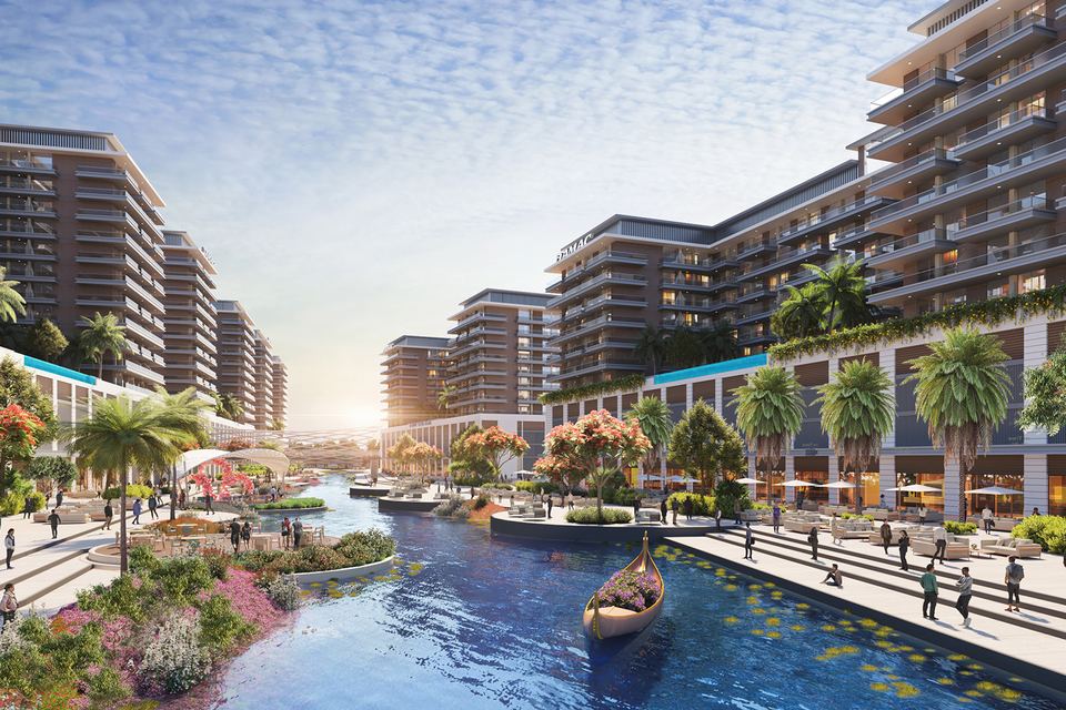 Render of apartment buildings along the river channel with a boat