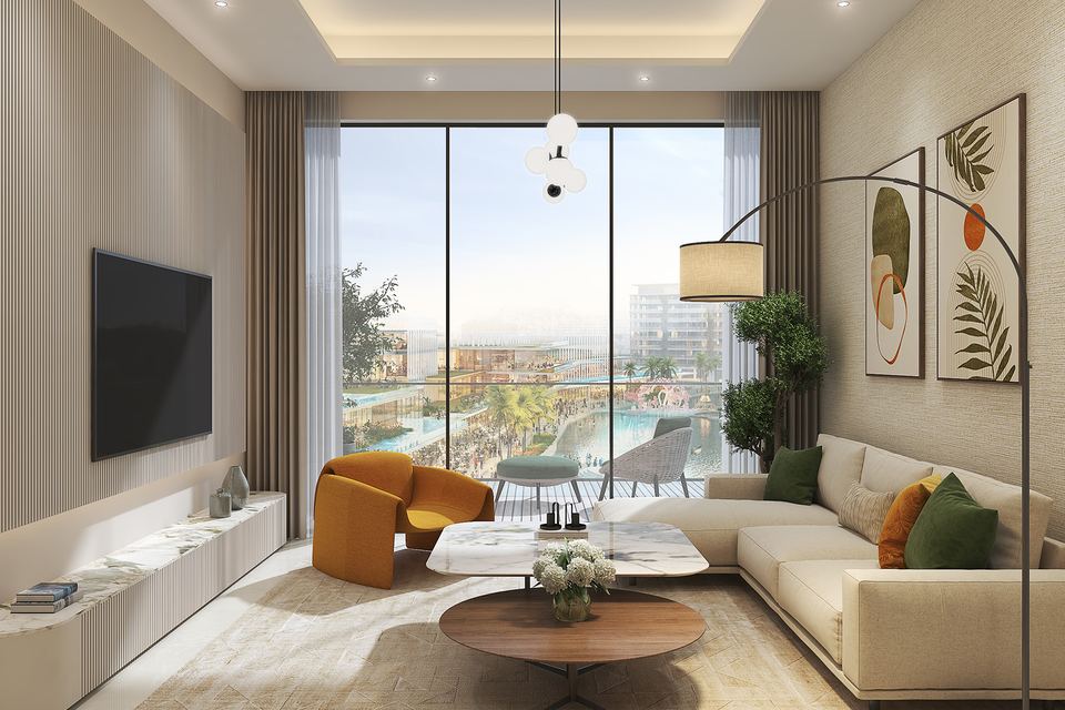 Render of an apartment living room with a balcony view over the community