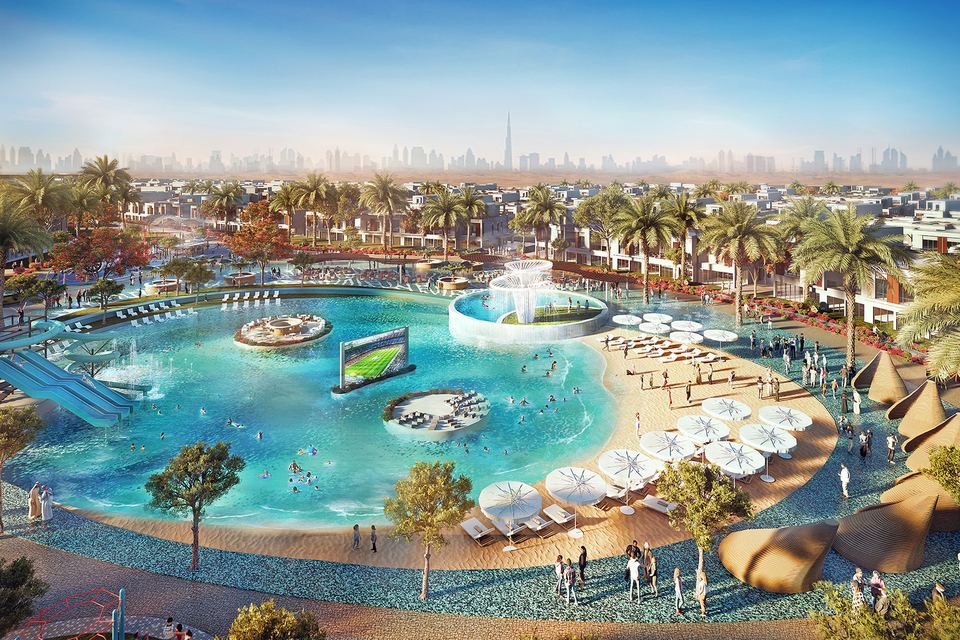 Render of the Malibu Cove lagoon with a sand beach and a floating screen