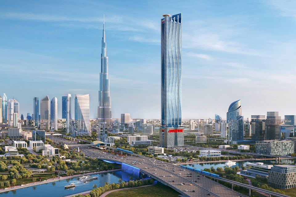 Render of the BAYZ 102 tower rising over Business Bay beside the Dubai Canal, with the Burj Khalifa to its left
