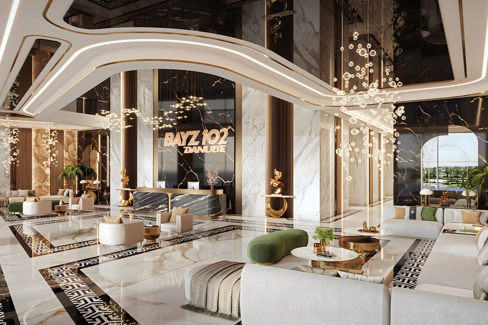 Render of the BAYZ 102 entrance lobby with marble floors, lounge seating and the tower name behind the reception desk