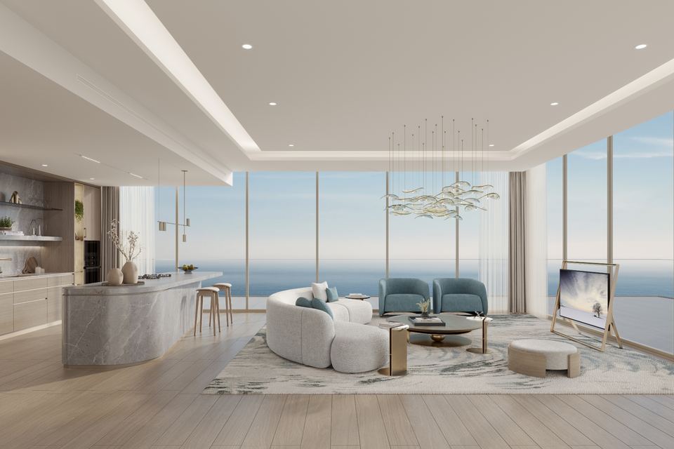 Living room and kitchen with floor-to-ceiling windows facing the sea