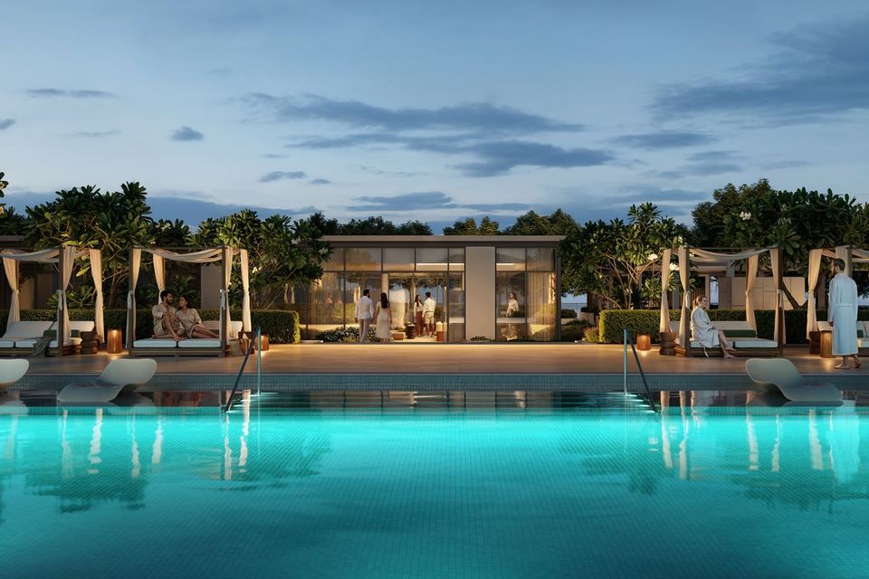Pool deck with cabanas at dusk