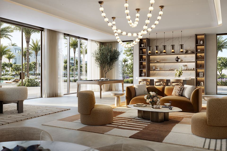 Open-plan living room with a sculptural chandelier and garden views