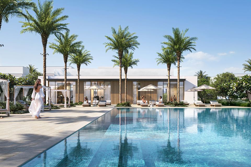 Palm-lined swimming pool with cabanas
