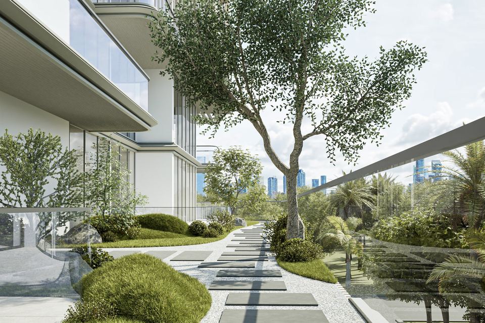 A planted garden walk on the Floareá Breeze podium