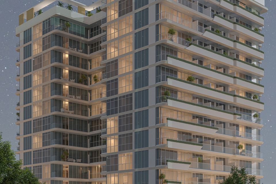 The white terraced facade of Floareá Oasis at dusk