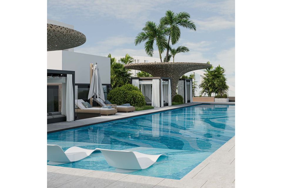 Rooftop pool with sculpted shade canopies at Floareá Oasis