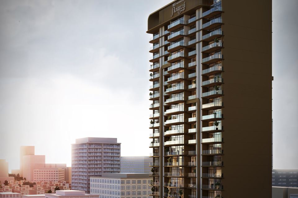 The Floareá Skies tower above low-rise Jumeirah Village Circle