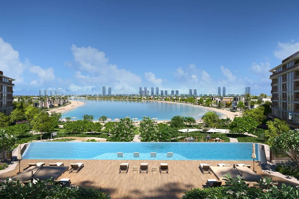 Infinity pool between the residential buildings with the sea beyond