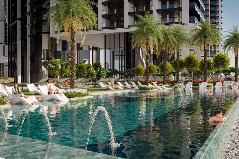 Podium pool with fountains and sun loungers
