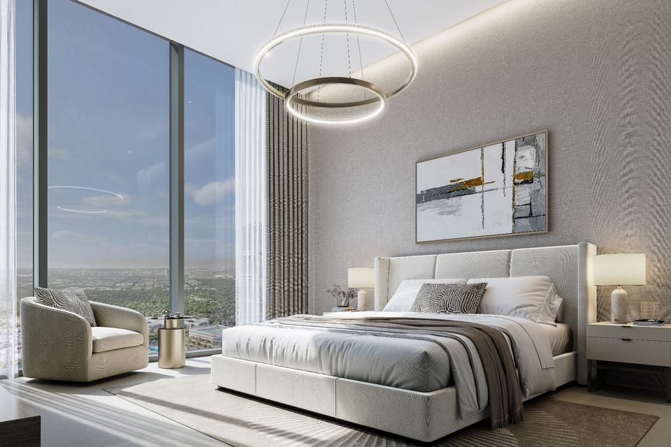 Bedroom with full-height window in a Skyvue Stellar apartment