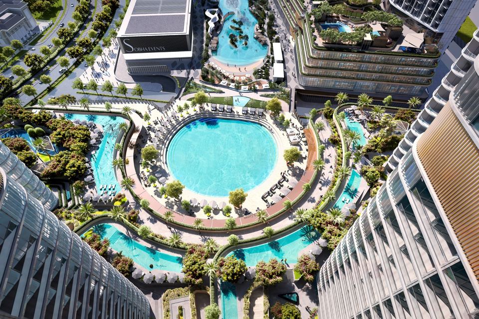 Aerial view of the podium pools between the Skyvue towers