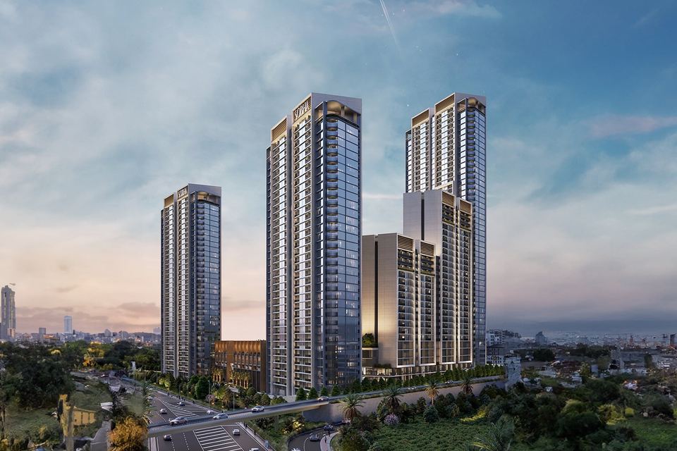 Sobha Orbis towers at dusk above Motor City