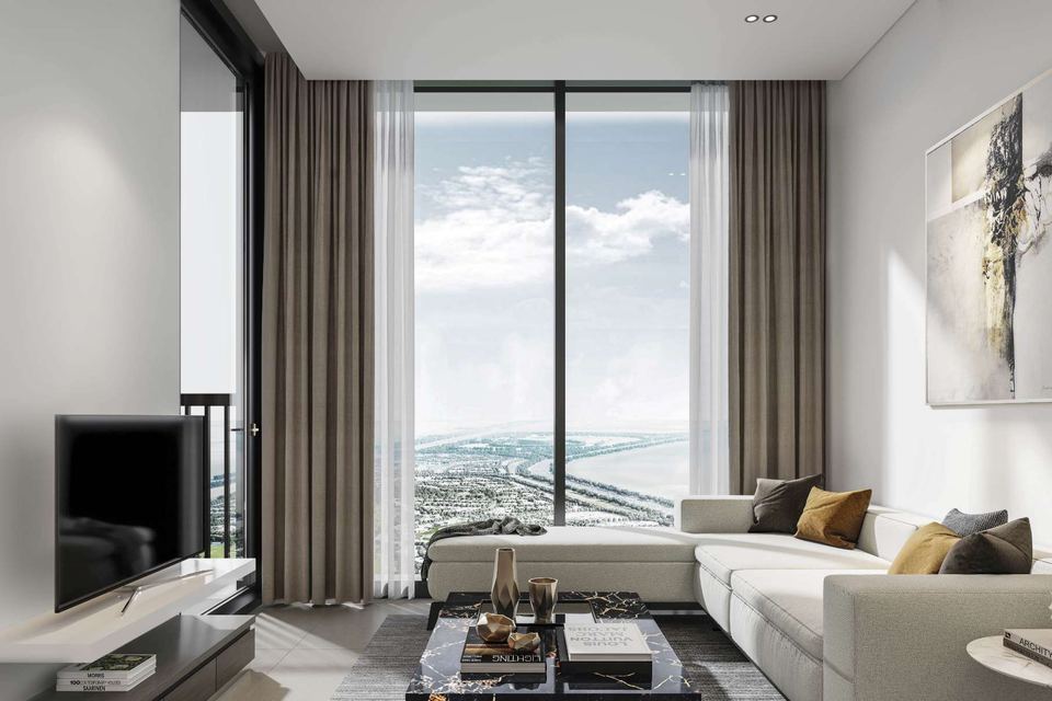 Living room with floor-to-ceiling window in a Sobha Orbis apartment