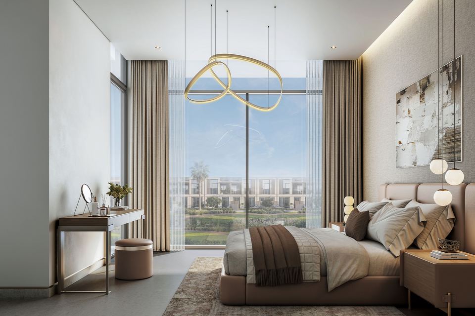 Bedroom in a Willows villa with full-height glazing